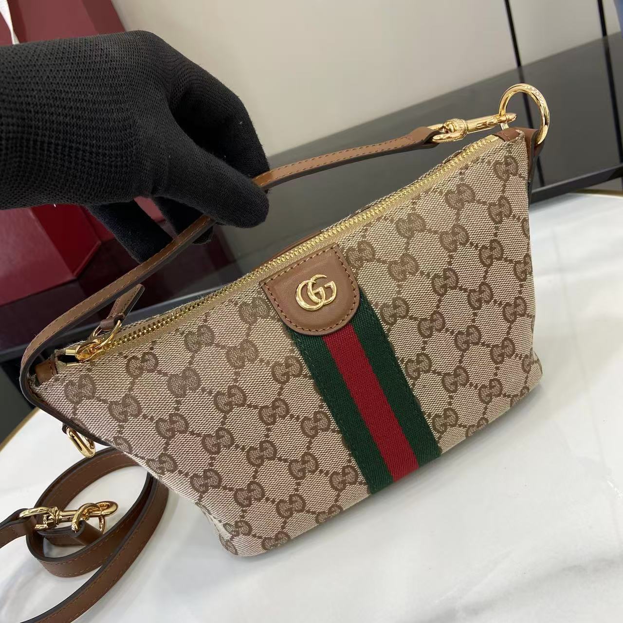 Gucci monogram crossbody bag in beige canvas with green red web stripe and zipper