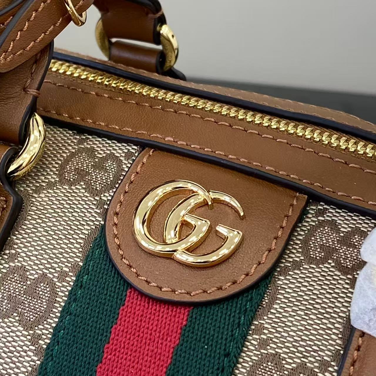 Gucci bag close-up: GG canvas with Gucci logo medallion, brown leather edge trim, zipper track