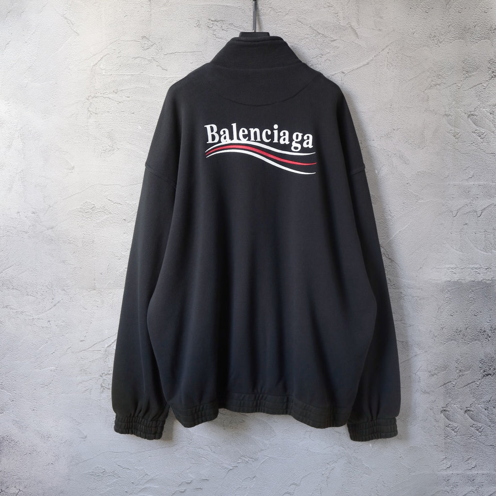 Balenciaga black zip-up hoodie with large Balenciaga logo graphic on the back