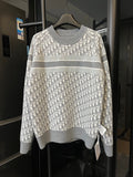 Light gray knit sweater with allover Dior monogram and wide horizontal gray stripe