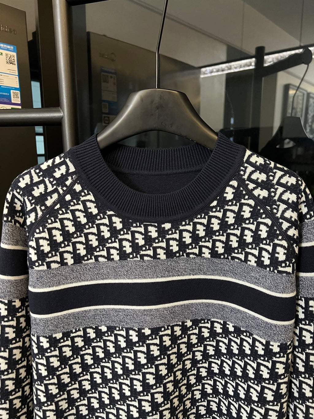 Long-sleeve knit sweater, white logo monogram print on navy with ribbed neckline