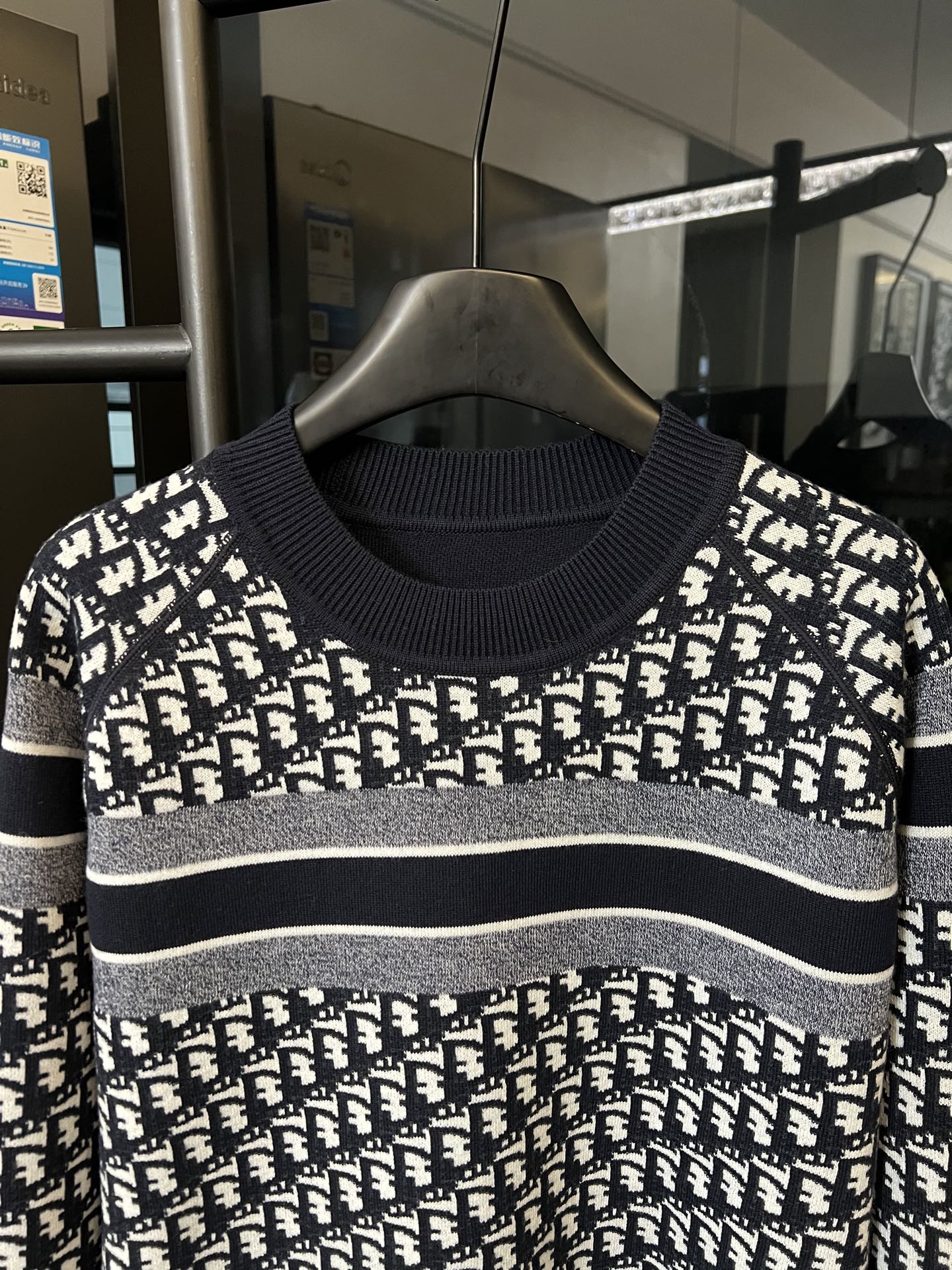 Long-sleeve knit sweater, white logo monogram print on navy with ribbed neckline