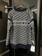 Long-sleeve knit sweater, navy and white with horizontal CHRISTIAN DIOR stripe