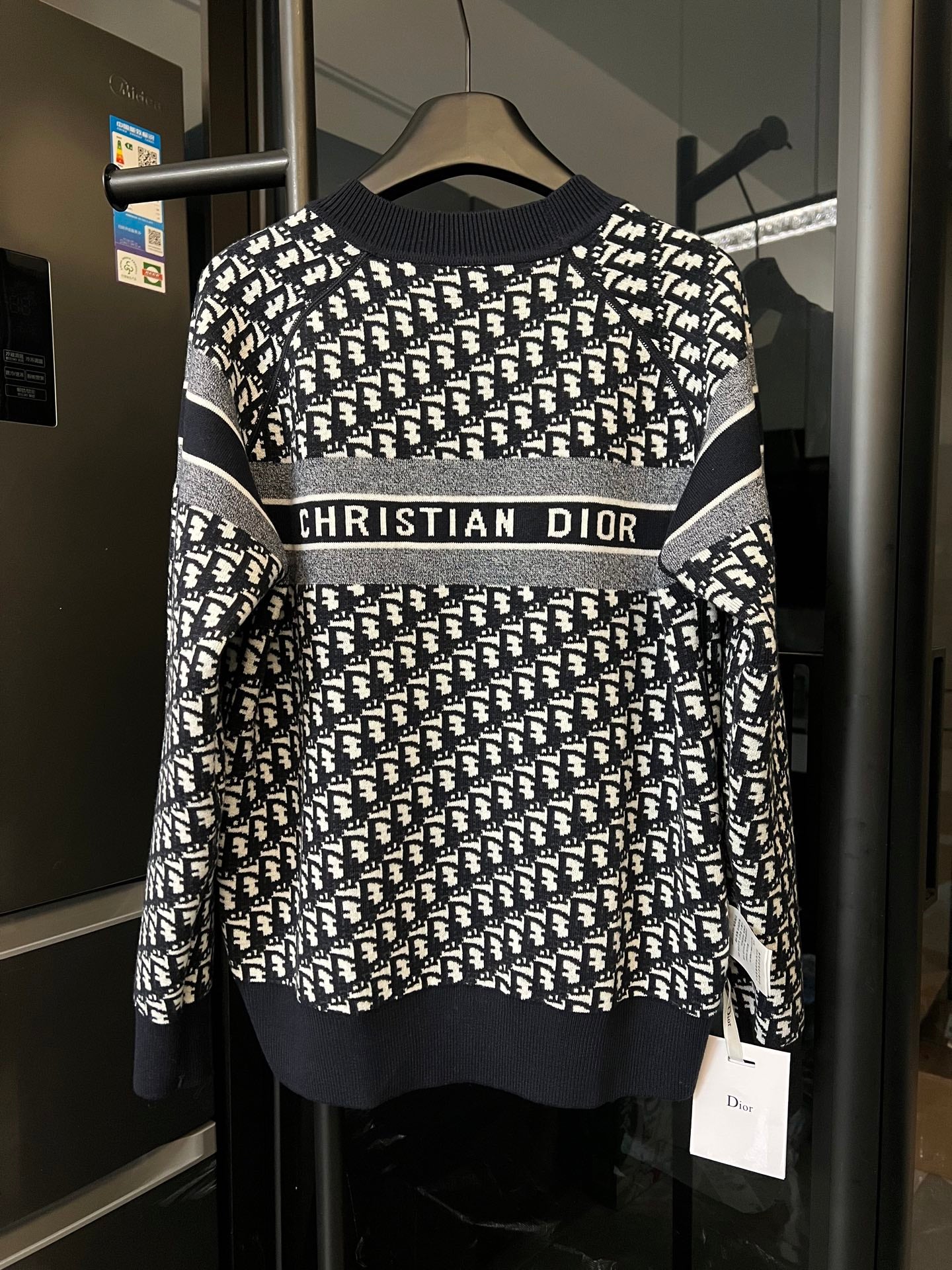 Long-sleeve knit sweater, navy and white with horizontal CHRISTIAN DIOR stripe