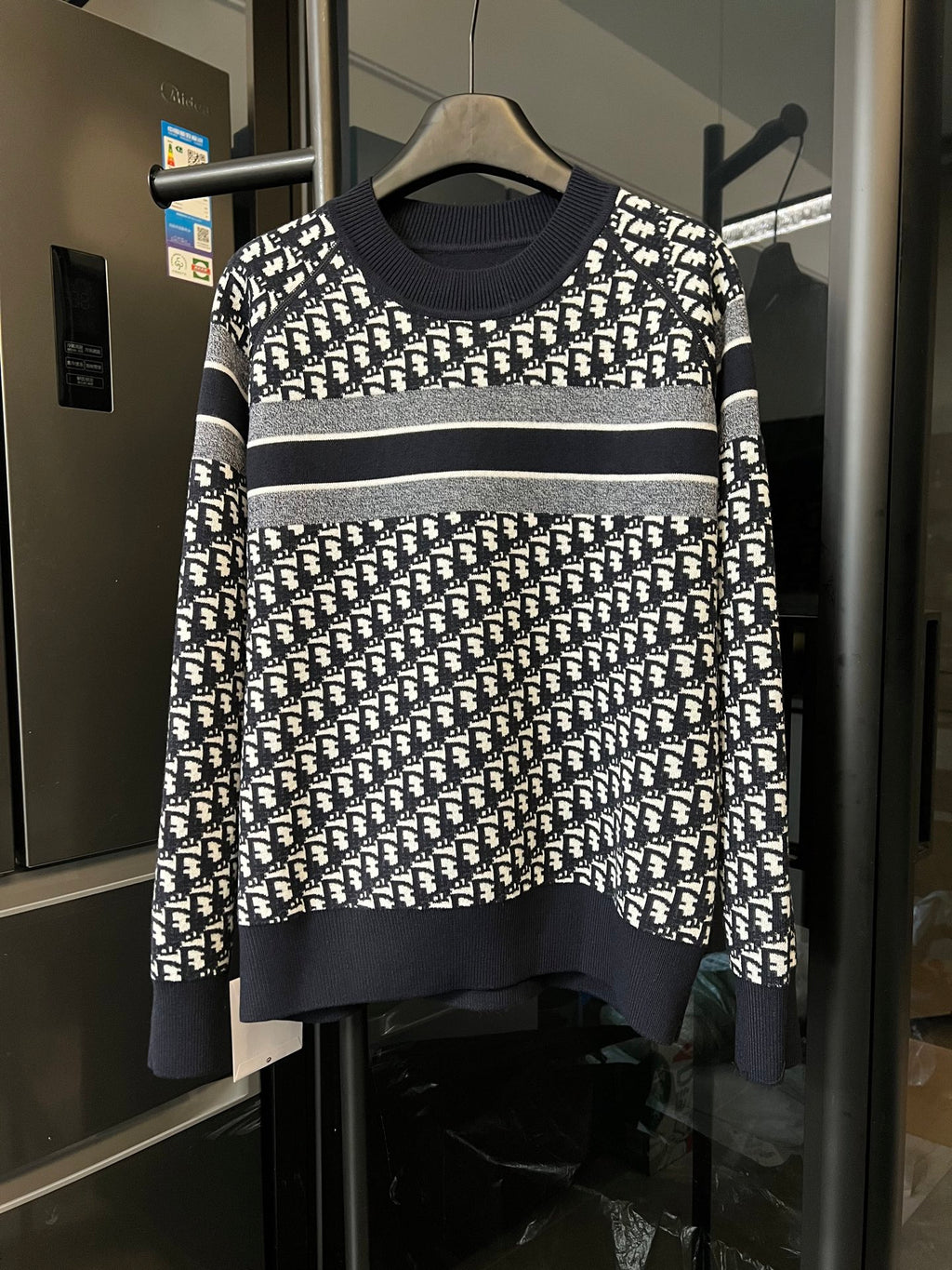 Long-sleeve knit sweater, navy with white Dior-style logo pattern and ribbed hem