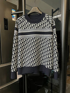 Long-sleeve knit sweater, navy with white Dior-style logo pattern and ribbed hem