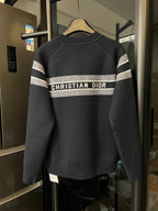 Long-sleeve knit sweater, dark navy with CHRISTIAN DIOR band across the chest
