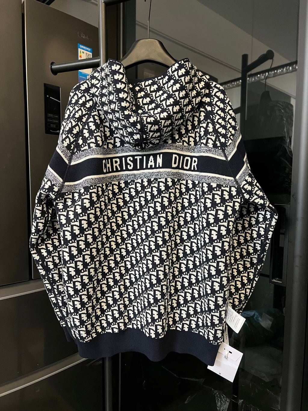 Dior long zip hoodie with black-and-white monogram print and “CHRISTIAN DIOR” band