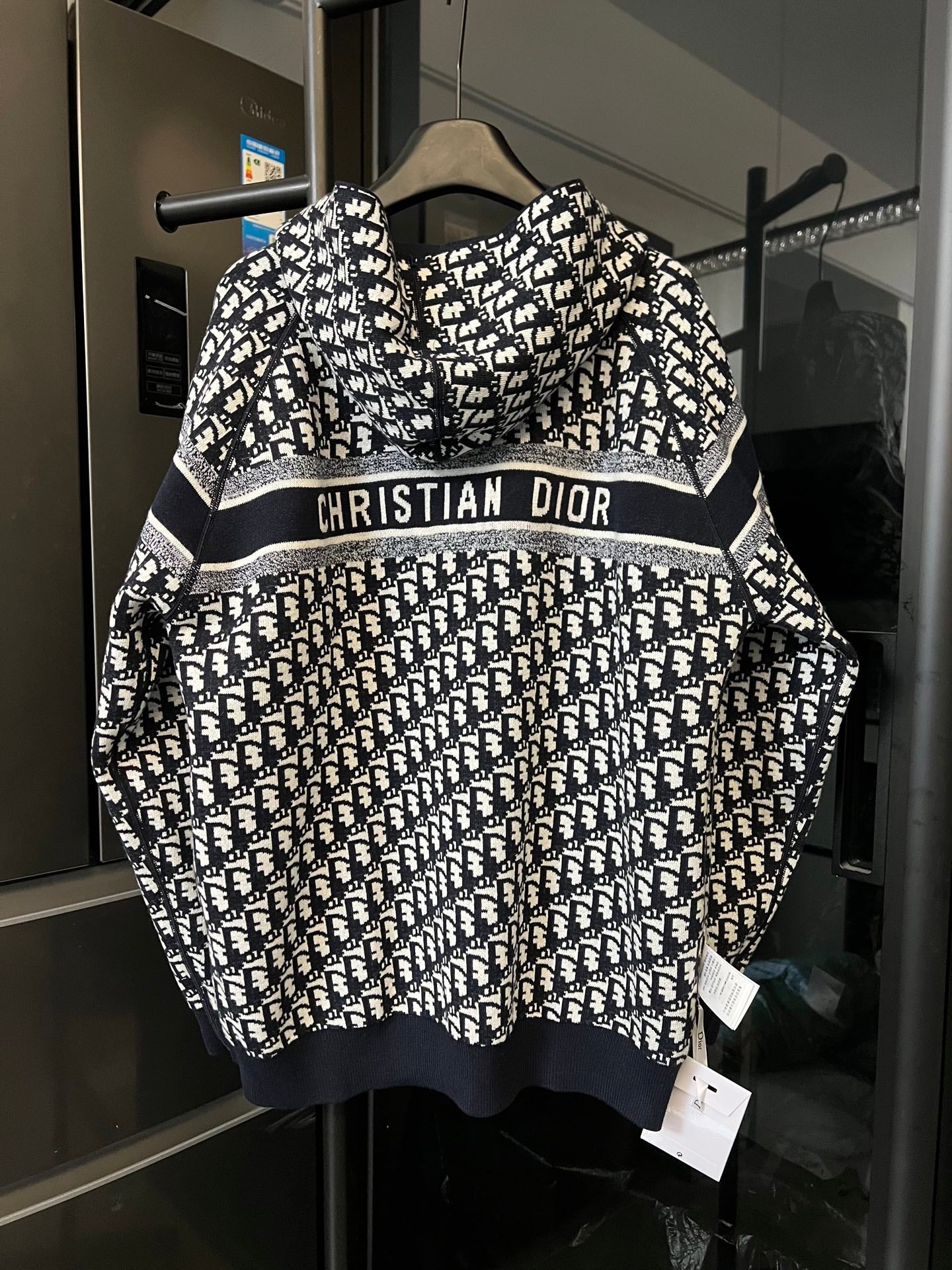 Dior long zip hoodie with black-and-white monogram print and “CHRISTIAN DIOR” band