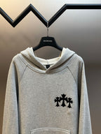 Light gray hooded sweatshirt with black logo print and kangaroo pocket