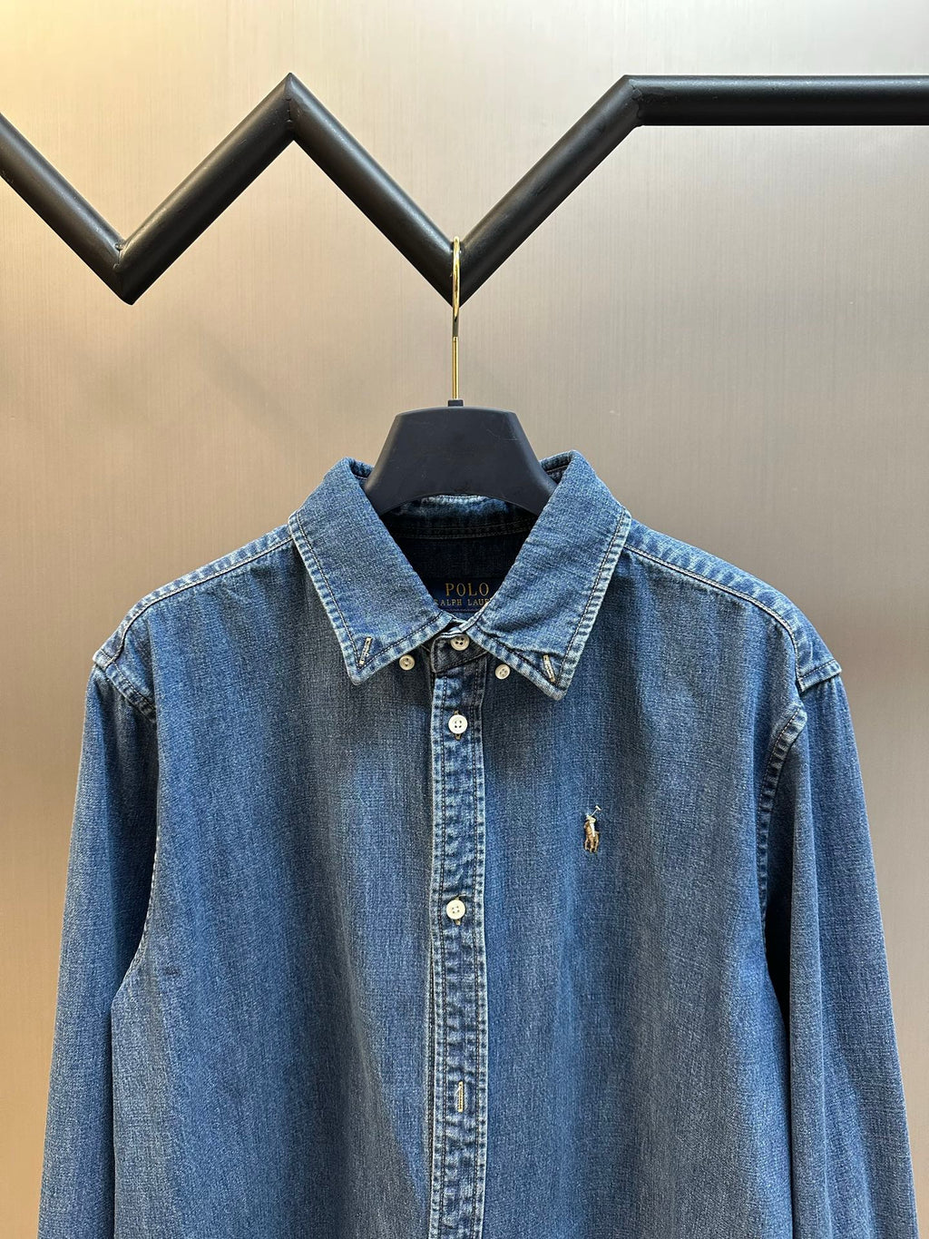 Ralph Lauren blue denim button-up shirt, button-front and pointed collar detail