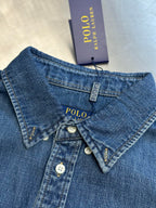 Ralph Lauren blue denim shirt with polo tag, buttoned collar, and chest buttons