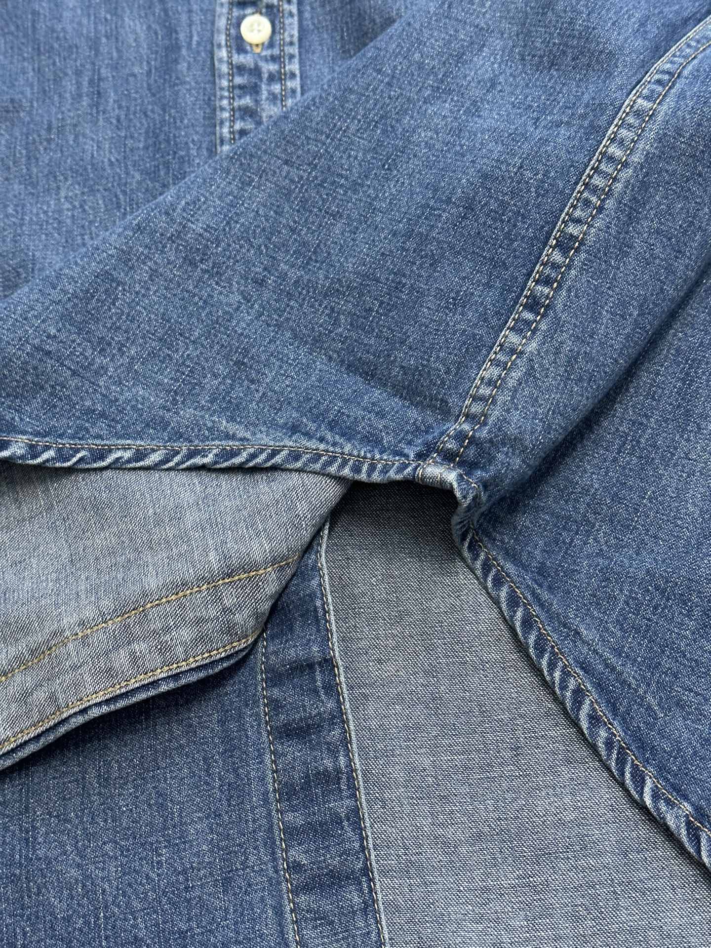 Ralph Lauren blue denim shirt close-up of shoulder seam and buttoned placket