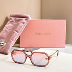 MiuMiu sunglasses with rose-tinted oversized frames, light lenses, and gold logo detailing