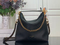 Black leather shoulder bag with gold chain strap and top handles