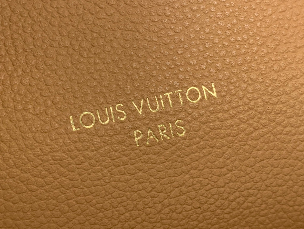 Louis Vuitton embossed leather panel with “LOUIS VUITTON PARIS” lettering.