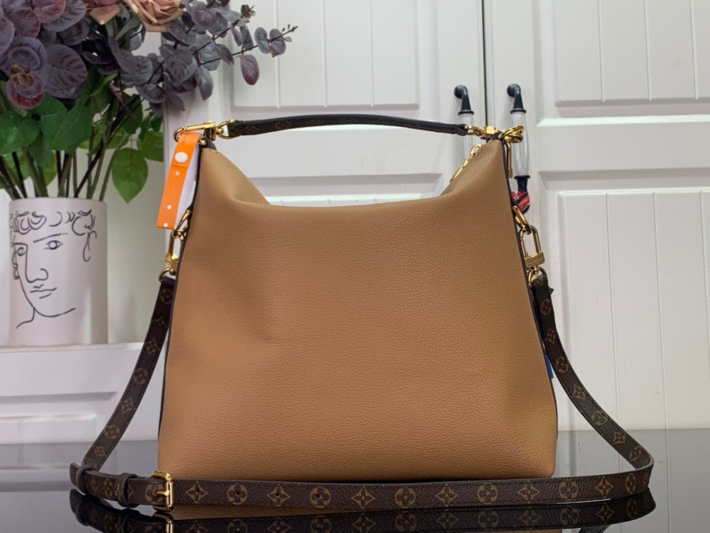 Louis Vuitton hobo shoulder bag with tan leather body and monogram crossbody strap.