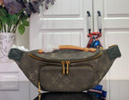 Louis Vuitton monogram belt bag with top zip, gold hardware, and orange-brown handle