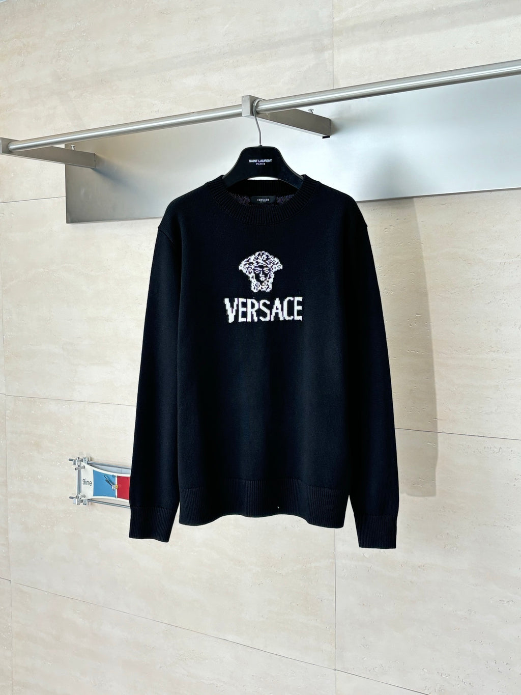 Black Versace crewneck sweater with crest and logo on chest