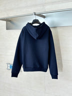 Dior navy pullover hoodie, drawstring hood, front pouch pocket
