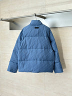 Blue Dior puffer jacket back view with standing collar and quilted panels