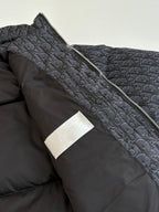 Dior quilted jacket shoulder and collar detail, with logo patch and dark lining.