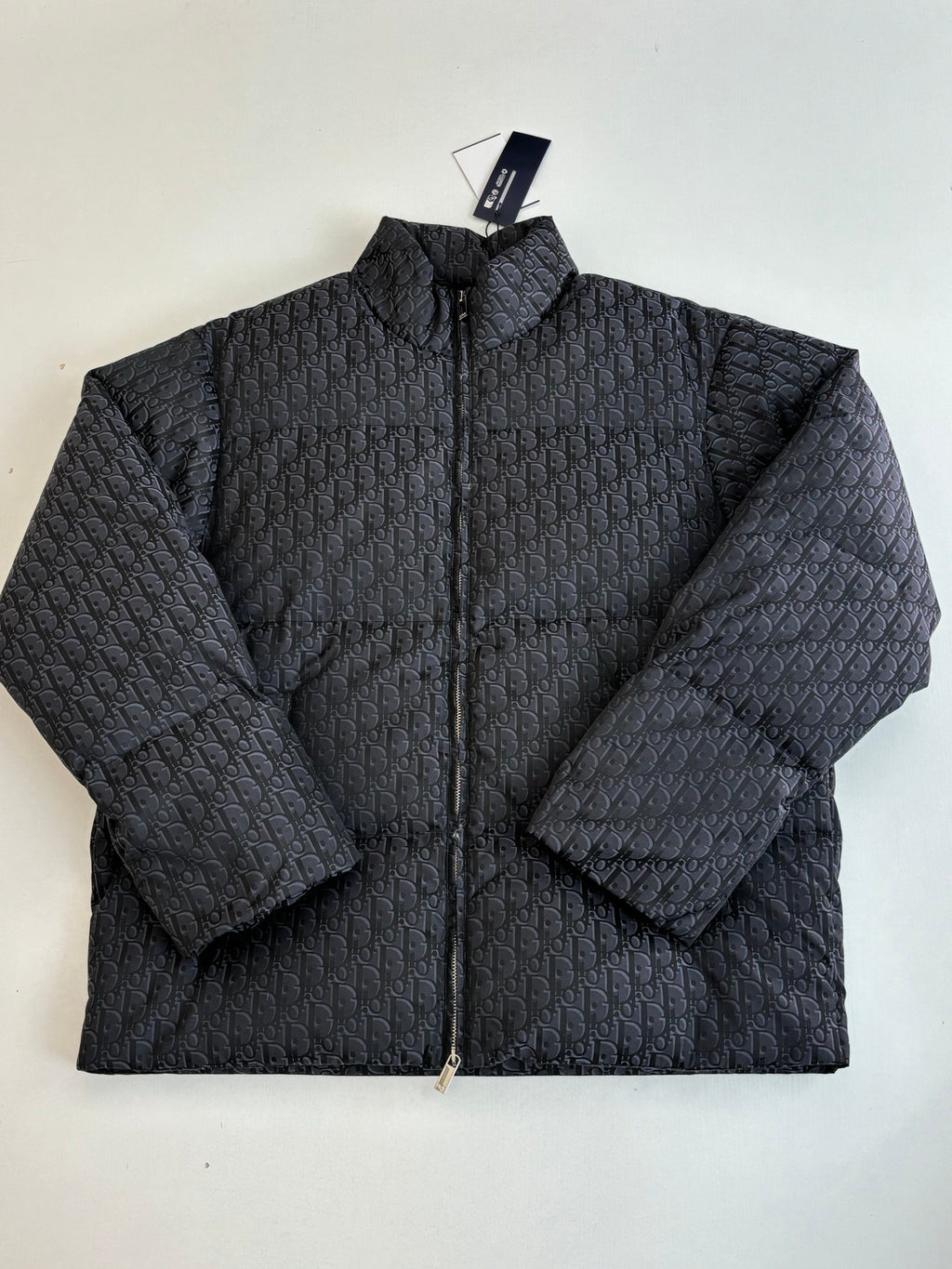 Long quilted Dior jacket with full-zip front and standing collar, dark monogram pattern.