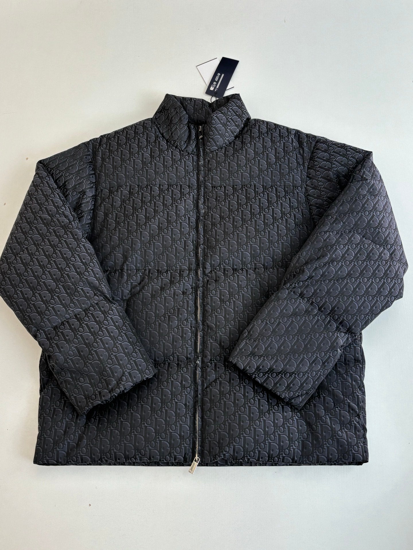 Long quilted Dior jacket with full-zip front and standing collar, dark monogram pattern.