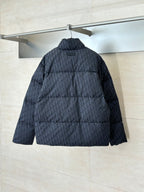 Long quilted Dior jacket, back view, standing collar, dark textured monogram fabric.