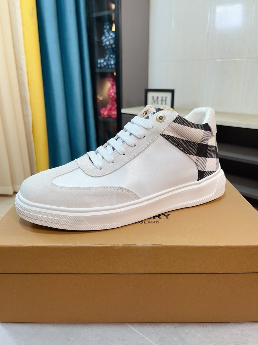 White high-top sneakers with black-and-white check collar and lace-up
