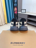 Burberry sneakers back view pair in dark with beige and check heel panels