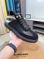 Burberry lace-up sneakers in dark fabric with beige and check accent at heel