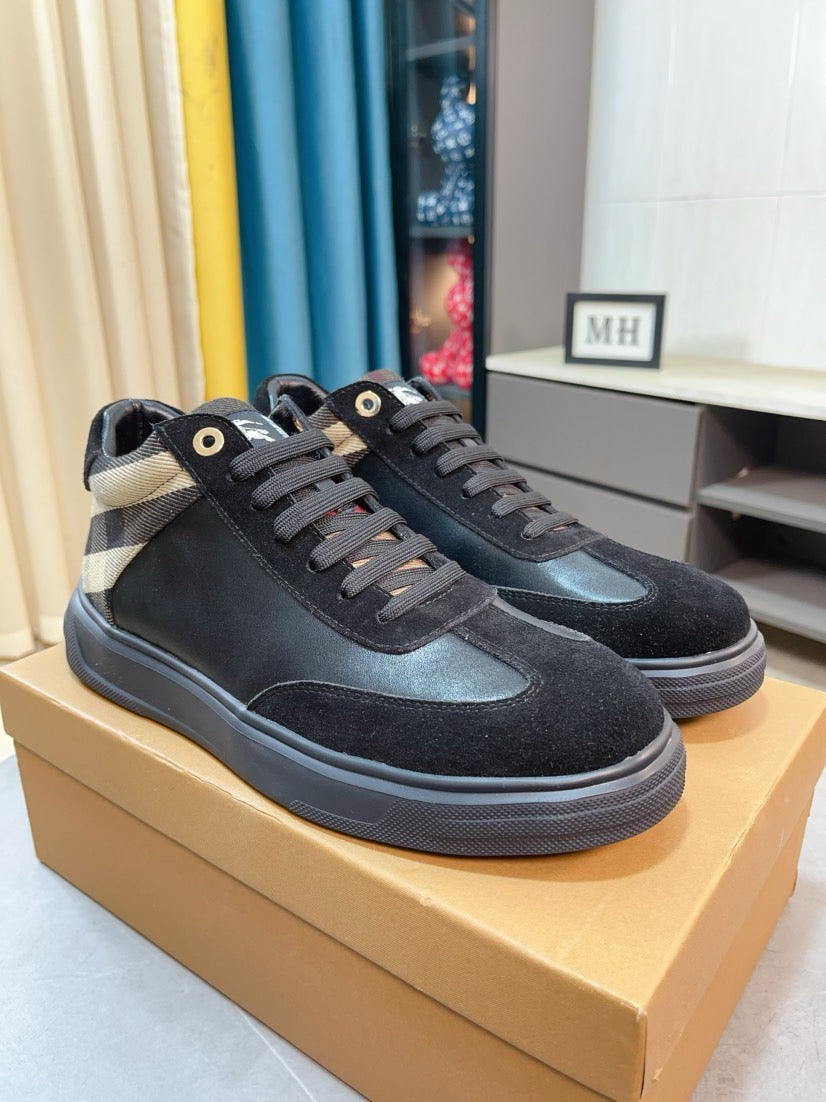 Burberry lace-up sneakers pair in dark with beige check trim on side