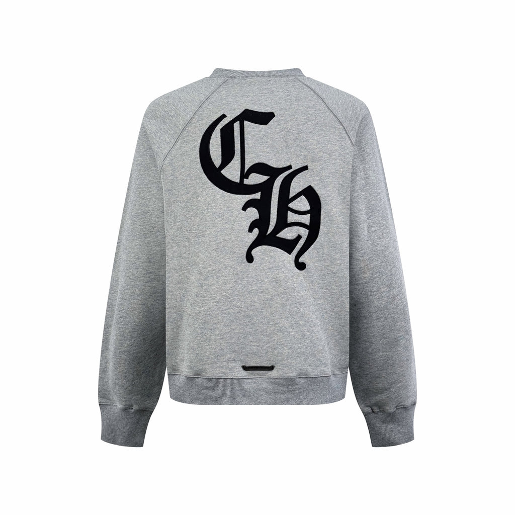 Heather gray long-sleeve sweatshirt with crew neck and large black back graphic