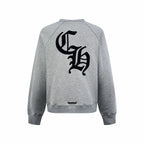 Heather gray long-sleeve sweatshirt with crew neck and large black back graphic