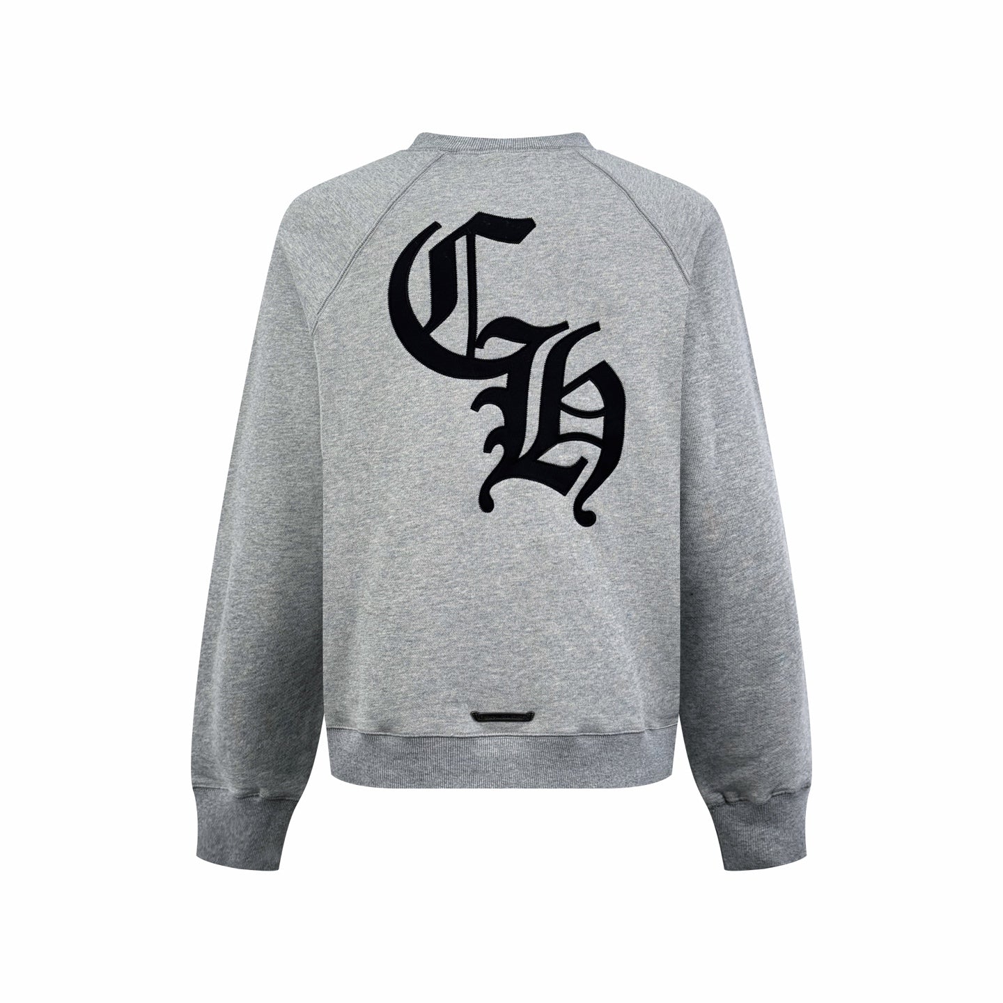 Heather gray long-sleeve sweatshirt with crew neck and large black back graphic
