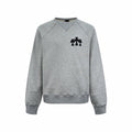 Heather gray long-sleeve sweatshirt with crew neck and black front graphic