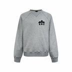 Heather gray long-sleeve sweatshirt with crew neck and black front graphic