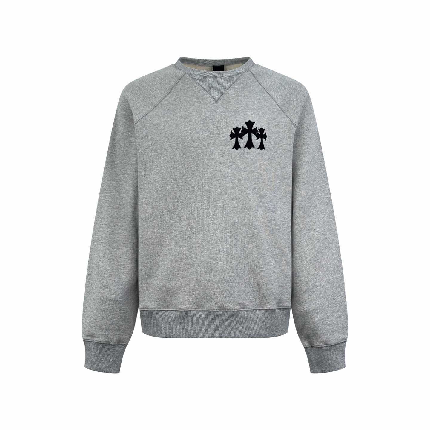 Heather gray long-sleeve sweatshirt with crew neck and black front graphic