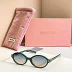 MiuMiu round sunglasses with dark green frame and blue tinted lenses