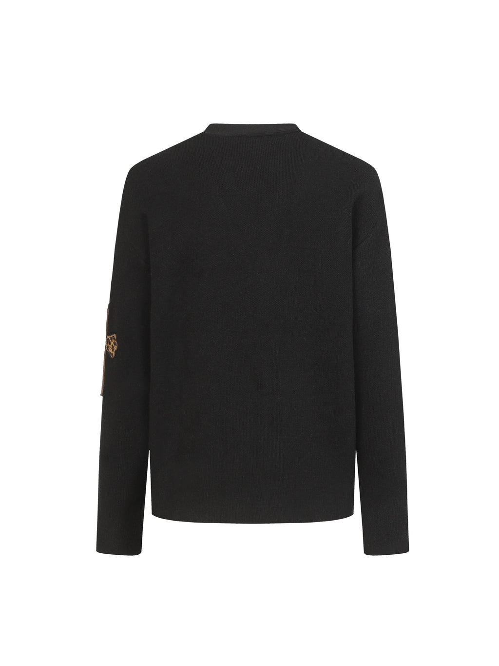 Black long-sleeve jacket back view with leopard bow detail on cuff