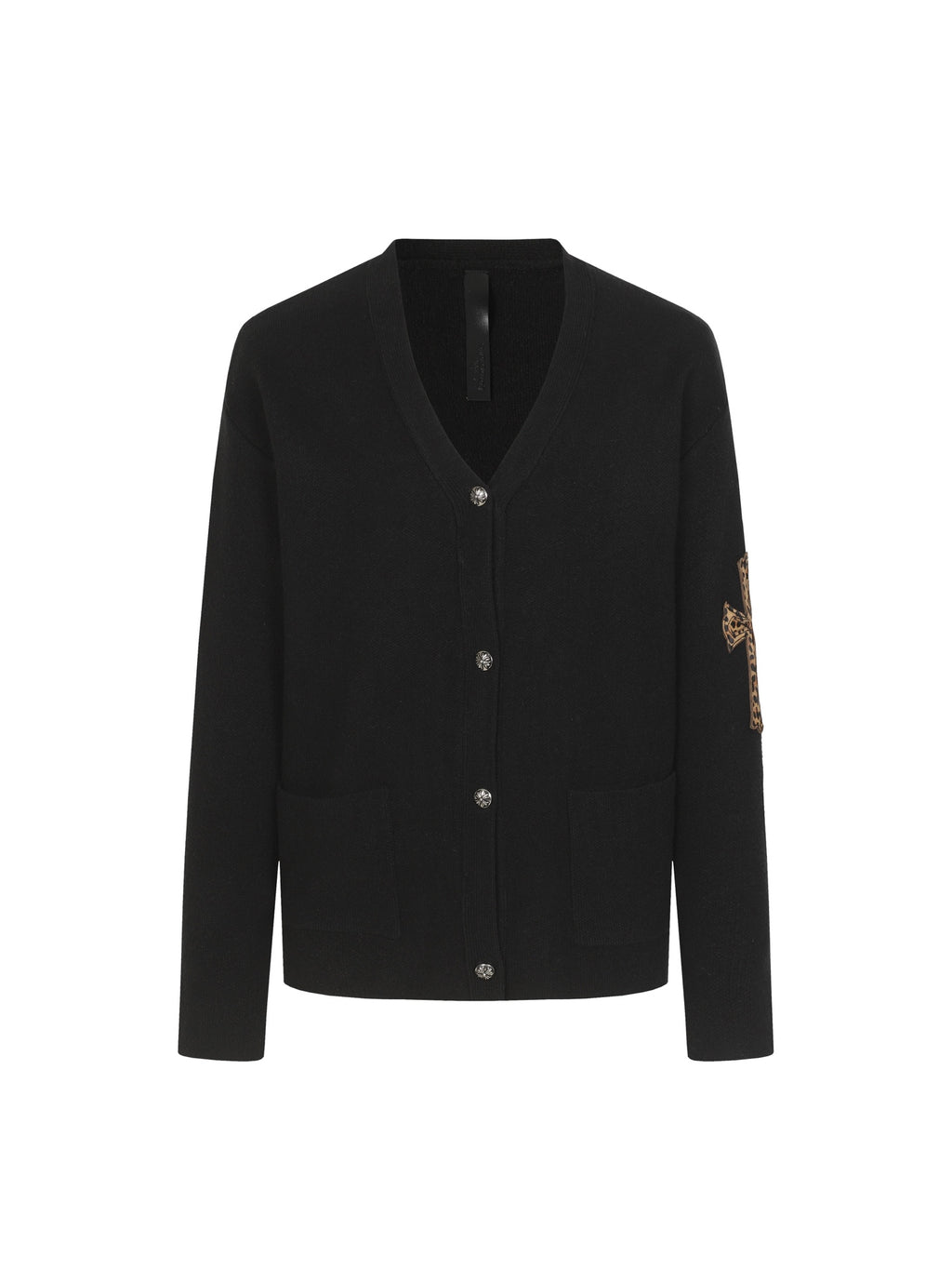Black long-sleeve jacket with V-neck and button front