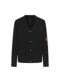 Black long-sleeve jacket with V-neck and button front
