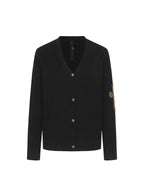 Black long-sleeve jacket with V-neck and button front