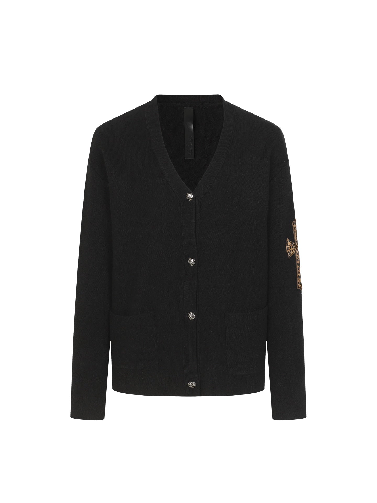 Black long-sleeve jacket with V-neck and button front