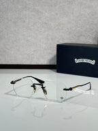 Chrome glasses with dark frame and clear lenses, angled side view
