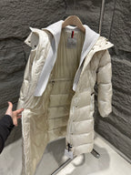 Off-white Moncler long puffer coat with hood and front zipper, open view