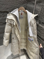 Off-white Moncler long puffer coat with hood, front zipper, and quilted panels
