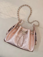 Chanel quilted handbag with chain strap, rose-pink leather, front logo and hardware