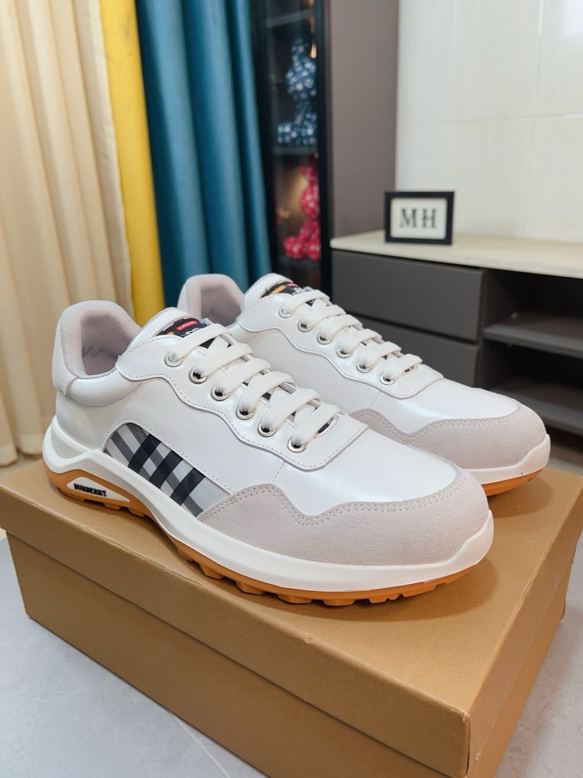Burberry white leather sneakers with lace-up front, check side stripe, orange sole